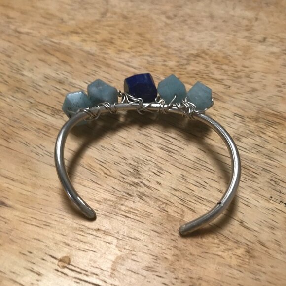 Lapis Lazuli Aquamarine Sterling Silver 925 Cuff Bracelet Handmade Gemstone - Picture 5 of 7